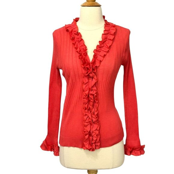 Anne Fontaine Parfaite Cardigan Sweater Ruffles Coral Cotton Knit Size 40/6-8 US - Picture 1 of 10